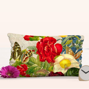 Coussin Rectangle Bouquet de roses florales vintage papillons