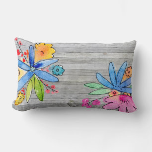 Coussin Rectangle bouquet floral aquarelle sur bois gris