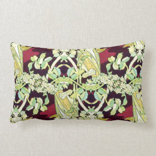 Coussin Rectangle Bourgogne et vert Floral Mucha Remix Abstrait