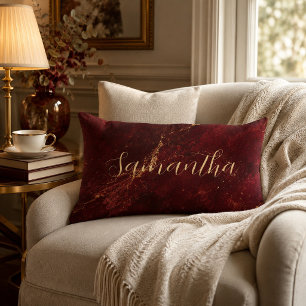Coussin Rectangle Bourgogne gracieux et nom aquarelle or