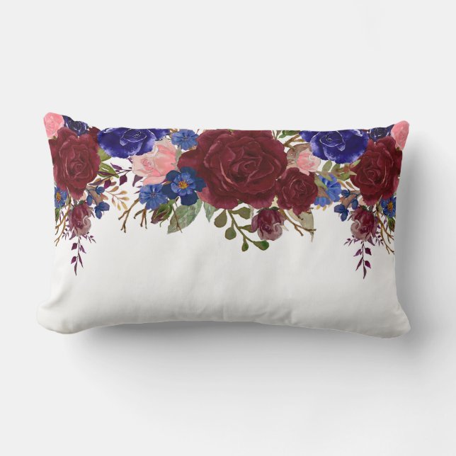 Coussin Rectangle Bourgogne Rouge Bleu Marine Rose Fleur Cascade Gou (Recto)