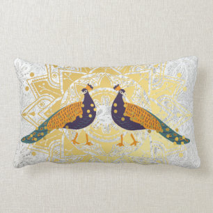 Coussin Rectangle Broderie blanche avec paon doré Jeter l'oreiller