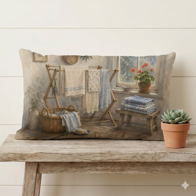 Coussin Rectangle Buanderie de Cottage Jour de Pluie (Rainy Day Cottage Laundry Room Lumbar Pillow)