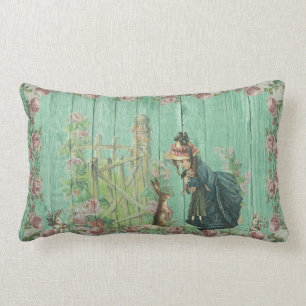Coussin Rectangle Bunny vintage de Pâques et fille dans le jardin R