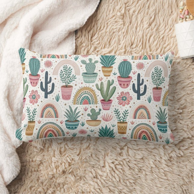 Coussin Rectangle Cactus Pot with Plants, Flowers and Rainbows (Couverture)