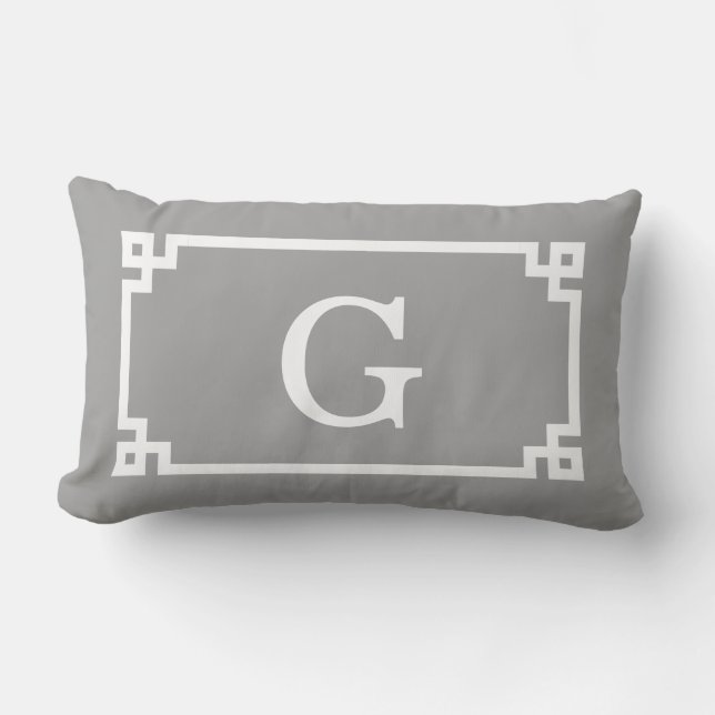 Coussin Rectangle Cadre clé grec blanc gris foncé #2 Monogramme init (Recto)