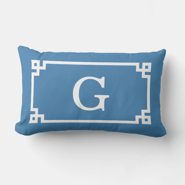 Coussin Rectangle Cadre en clé grecque blanche bleue acier #2 monogr (Recto)