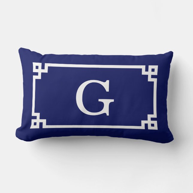 Coussin Rectangle Cadre Navy White Greek Key #2 Monogramme Initial (Recto)