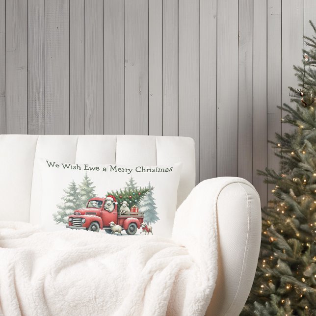 Coussin Rectangle Camion rouge mouton rustique Thème (We Wish Ewe a Merry Christmas, vintage red truck lumbar pillow)