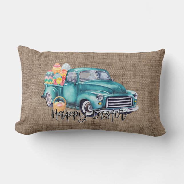 Coussin Rectangle Camion Rustique Joyeux Décor de Pâques (Recto)