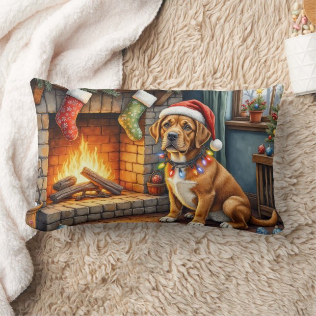Coussin Rectangle Cane Corso Cheminée avec Lumières de Noël (Couverture)