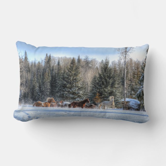 Coussin Rectangle Cantonnement, Chevaux de course en hiver Photo nei (Recto)