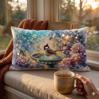 Coussin Rectangle Cardinal au bain d'oiseaux Jardin de rêve Ar