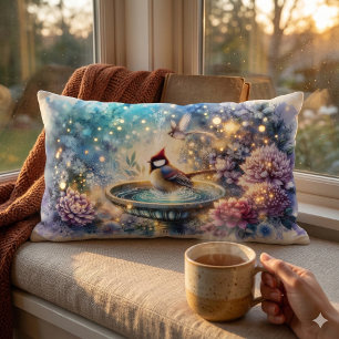 Coussin Rectangle Cardinal au bain d'oiseaux Jardin rêveur