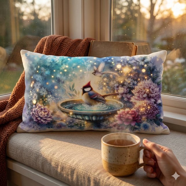 Coussin Rectangle Cardinal au bain d'oiseaux Jardin rêveur (Cardinal at Birdbath Dreamy Garden Ar Lumbar Pillow Mockup D)