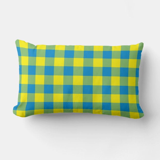 Coussin Rectangle Carreaux Vichy Bleu Jaune Vert (Recto)