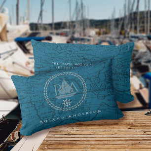 Coussin Rectangle Carte de monogramme de corde nautique bleue