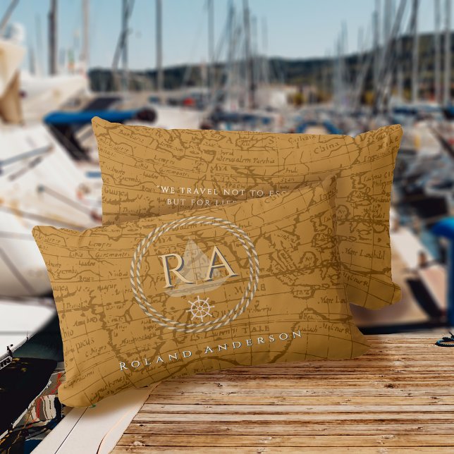 Coussin Rectangle Carte de monogramme de corde nautique Marron (Nautical Map Monogram Traveller Brown Accent Pillow.)