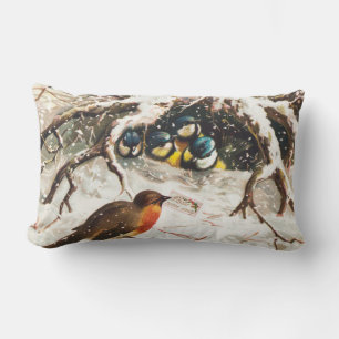 Coussin Rectangle Carte de Noël vintage de l'ère victorienne, Oiseau