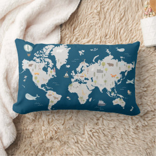 Coussin Rectangle Carte du monde animal mignon