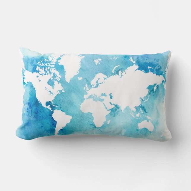 Coussin Rectangle Carte du monde dans des bleus d'aquarelle (Recto)
