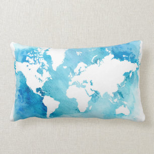 Coussin Rectangle Carte du monde dans des bleus d'aquarelle