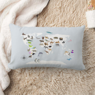 Coussin Rectangle Carte du monde des animaux pour enfants