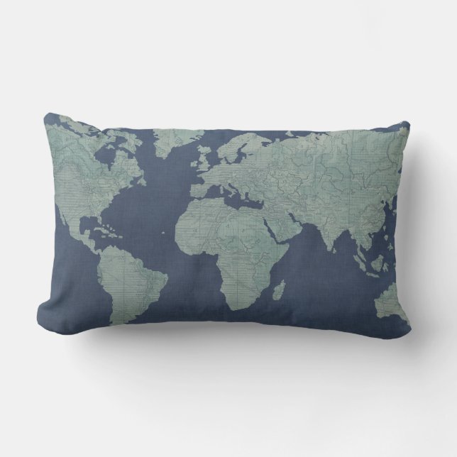 Coussin Rectangle Carte du monde du lin bleu (Recto)