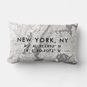 Coussin Rectangle Carte personnalisée de New York   Gris noir blanc