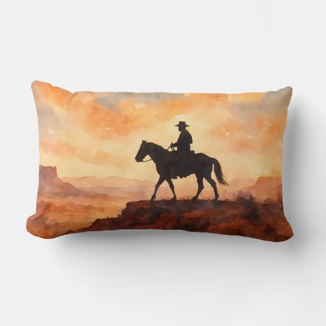 Coussin Rectangle Cavalier solitaire aquarelle - Décoration western  (Recto)