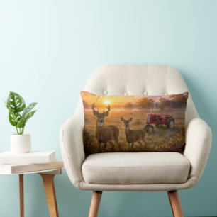 Coussin Rectangle Cerf à queue blanche avec tracteur agricole rouge