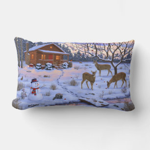 Coussin Rectangle Cerf Cabine D'Hiver Dans La Scène De Noël De Neige