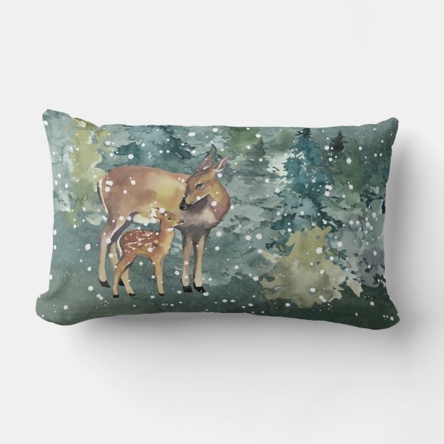 Coussin Rectangle Cerf Faon Biche dans la forêt sous la neige (Recto)