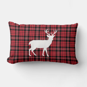 Coussin Rectangle Cerf Rustique Motif Carreaux Rouges Et Noirs