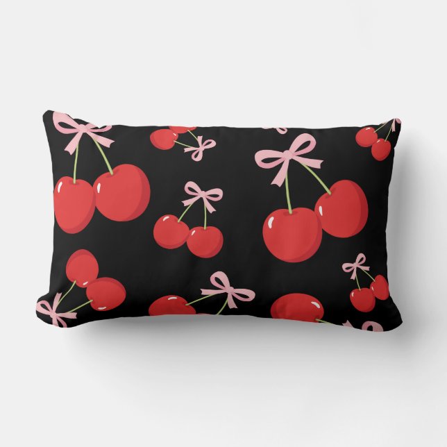 Coussin Rectangle Cerises Noires Rouges Nœud Rose Coquette Chic Cott (Recto)