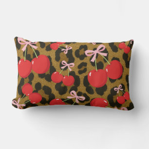 Coussin Rectangle Cerises Rouges avec Nœud Rose Imprimé Léopard Coqu