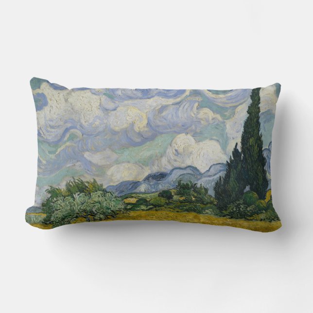 Coussin Rectangle Champ de blé avec cyprès, peinture à l'huile, Van  (Recto)