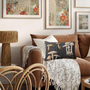 Coussin Rectangle Champignons de la forêt Cottage Black Vintage Ephe