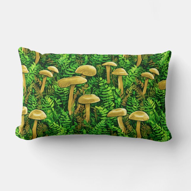 Coussin Rectangle Champignons et fougères sur le sol forestier (Recto)