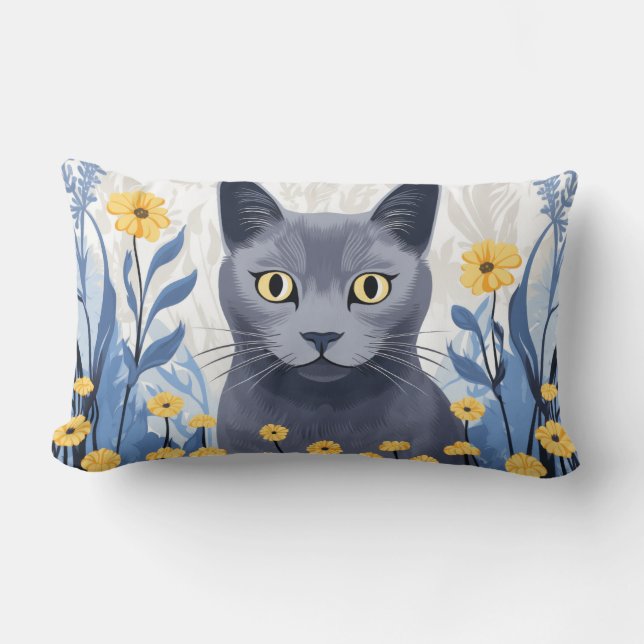 Coussin Rectangle Chat Bleu Russe Fleurs Jaunes (Recto)