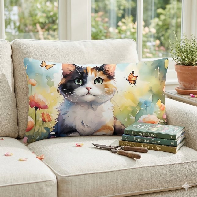 Coussin Rectangle Chat calico dans un jardin printanier avec des pap (Calico Cat in Spring Garden with Butterflies Lumbar Pillow On Sofa)