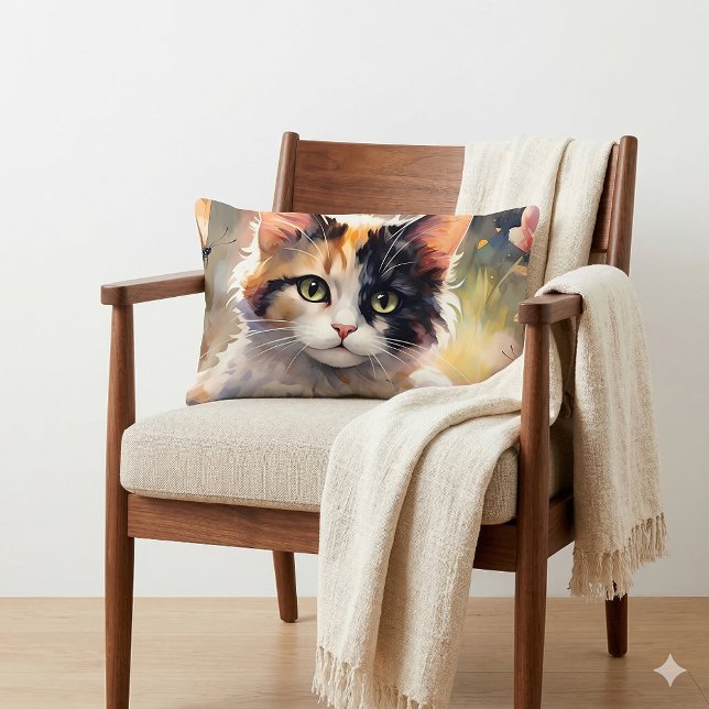 Coussin Rectangle Chat calicot et papillons dans un jardin printanie (Calico Cat and Butterflies in Spring Garden Lumbar Pillow On Chair)