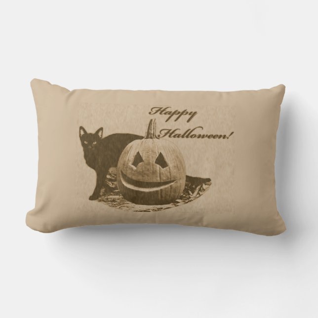 Coussin Rectangle Chat & Citrouille Joyeux Halloween (Recto)