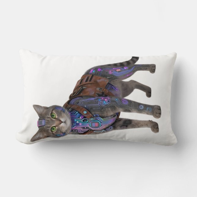 Coussin Rectangle Chat de circuit cyberpunk – Bête de technologie né (Recto)
