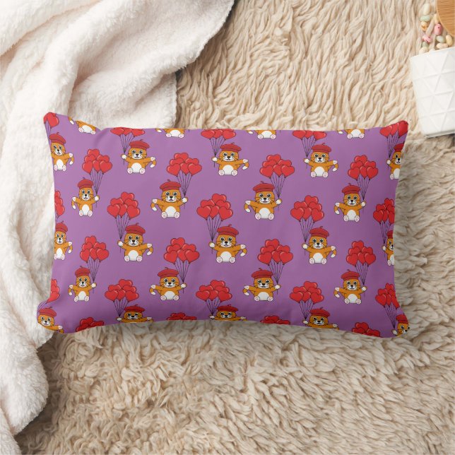 Coussin Rectangle Chat mignon avec Ballons de Coeur Rouge (Couverture)