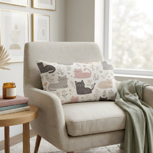 Coussin Rectangle Chat mignon pastel et motif floral déco cosy