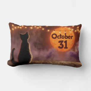 Coussin Rectangle Chat noir avec "31 octobre" Lune d'Halloween