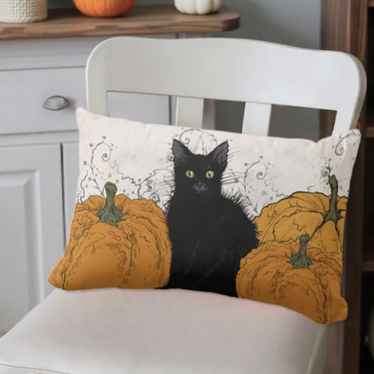 Coussin Rectangle Chat noir et Citrouille automne