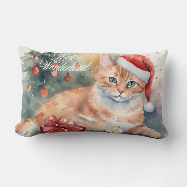Coussin Rectangle Chat orange de Noël à l'aquarelle de Santa Hat (Recto)