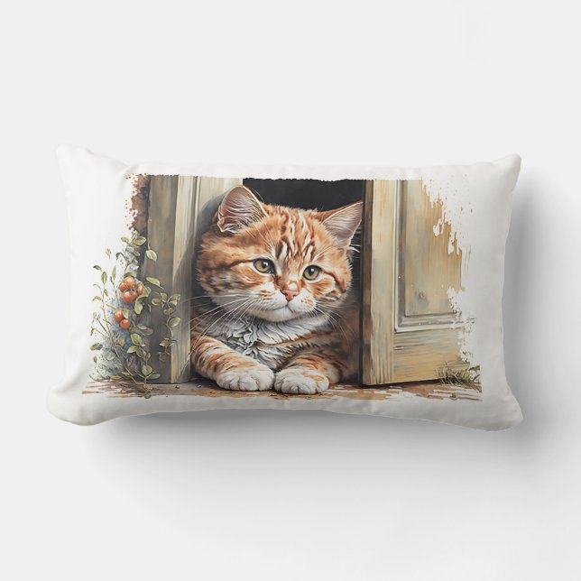Coussin Rectangle Chat roux à l'aquarelle dans l'encadrement d'une p (Recto)